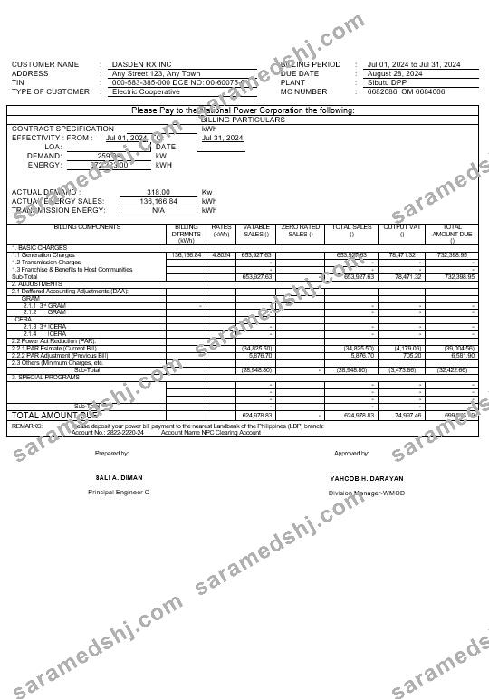 Philippines Tawelco business utility bill Word and PDF template